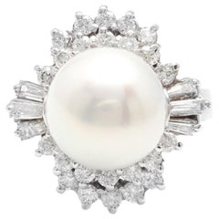 Splendid Natural Cultured Pearl and Diamond 14K Solid White Gold Ring