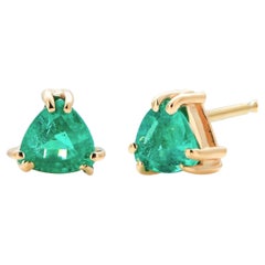 Matched Pair Trillion Emerald Yellow Gold Triangle Shaped Stud Earrings