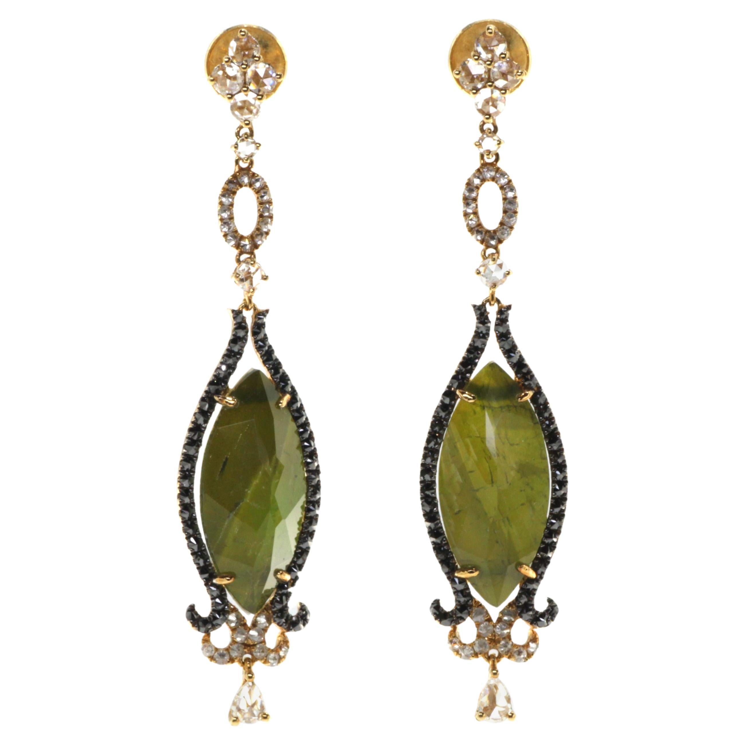 Vintage doublet 9.57 Carat Tourmaline Rock Crystal Diamond Dangle Earring In 18K