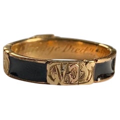 Antique Black Enamel and Gold Band Ring with Inscription