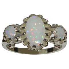 English 9K White Gold Large Elongated Colourful Opal Trilogy Ring