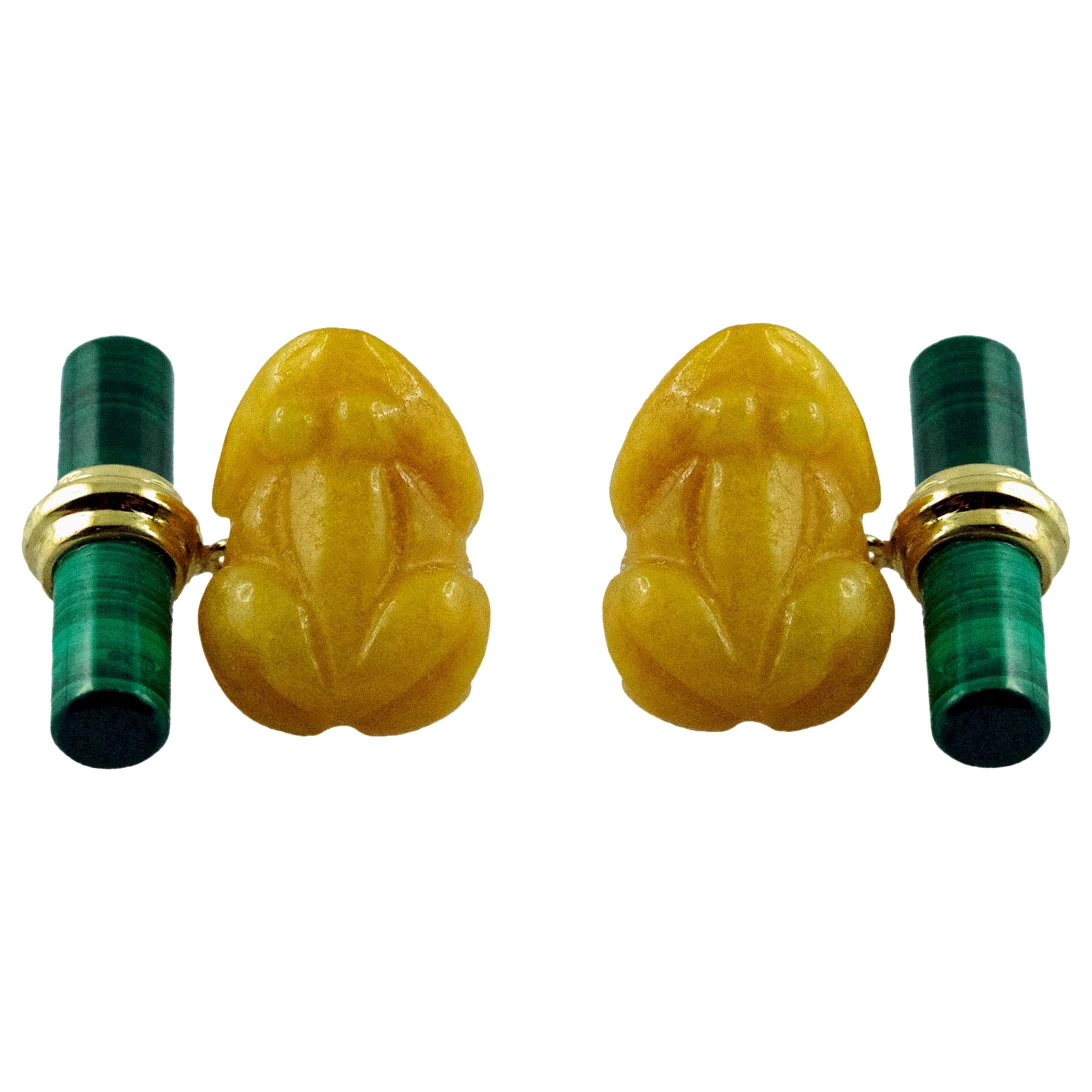 18 Karat Yellow Gold Frog Cufflinks in Yellow Jade and Malachite