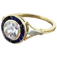 Art Deco 1.00 Carat Old Cut Diamond Calibre Cut Sapphire Gold Ring