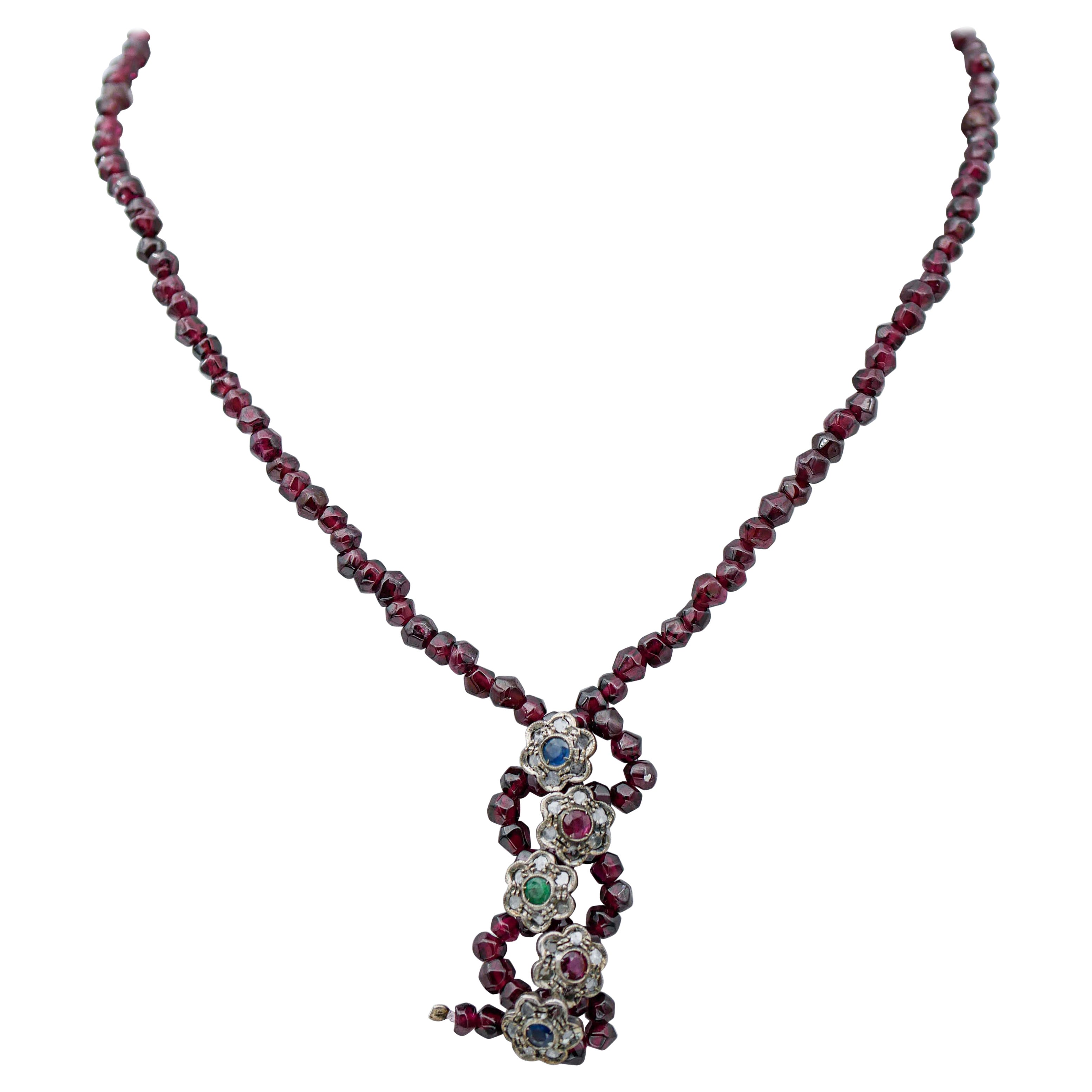 Garnets, Emeralds, Rubies, Sapphires, Diamonds, Retrò Necklace For Sale