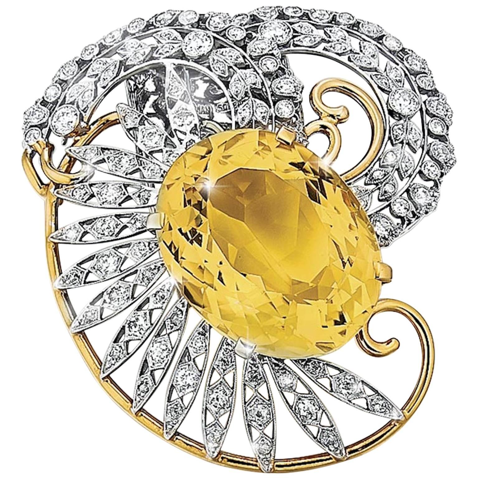 Seaman Schepps Citrine Diamond Gold Platinum Brooch For Sale