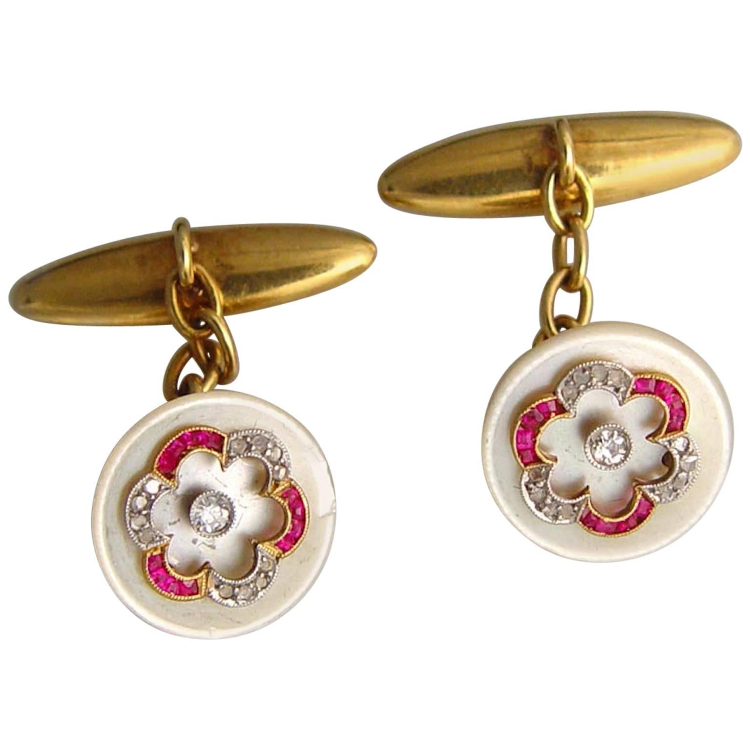 Mother-of-Pearl Ruby Diamond Gold Platinum Cufflinks For Sale