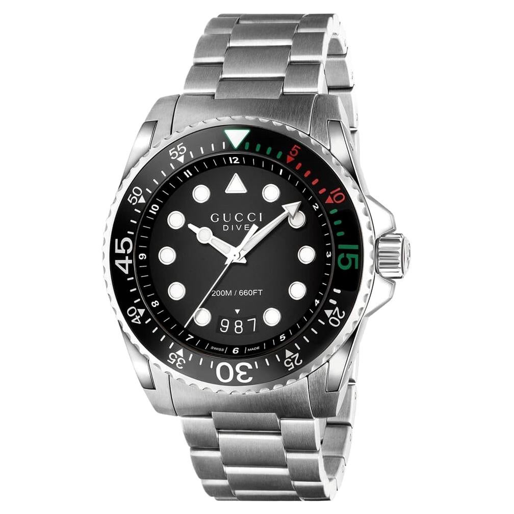 Gucci Dive XL Edelstahl-Armbanduhr mit schwarzem Zifferblatt YA136208A im Angebot
