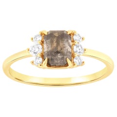 14K Yellow Gold 1.18 Carat Salt and Pepper Emerald Shape Diamond Ring