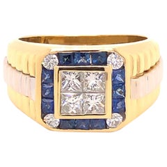 Mens Diamond and Sapphire Rolex Styled 2 Tone Ring in 18k Yellow Gold