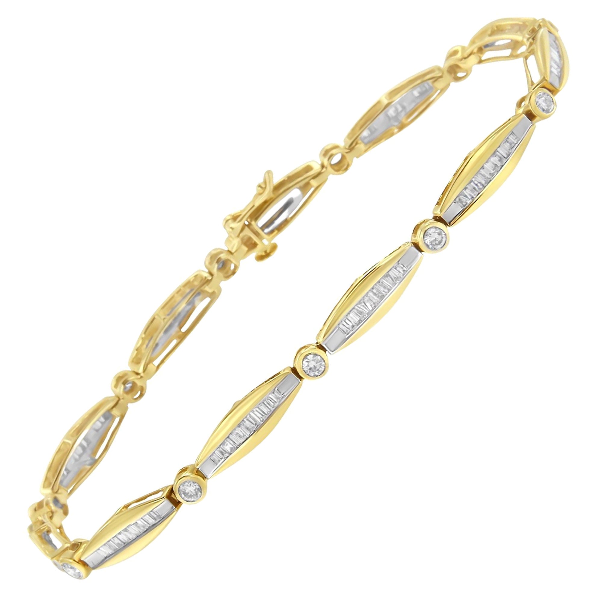 14K Yellow Gold 1-1/2 Carat Round Diamond Bezel and Tapered Link Tennis Bracelet For Sale