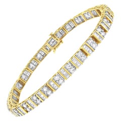 Bracelet tennis en or jaune 14 carats avec diamants taille baguette et ronde de 4,0 carats