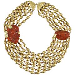 Fred Leighton Carved Amber Bib Gold Bead Rajasthani Necklace