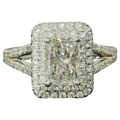 1.54 Carat GIA Cert Radiant Diamond Gold Double Halo Engagement Ring