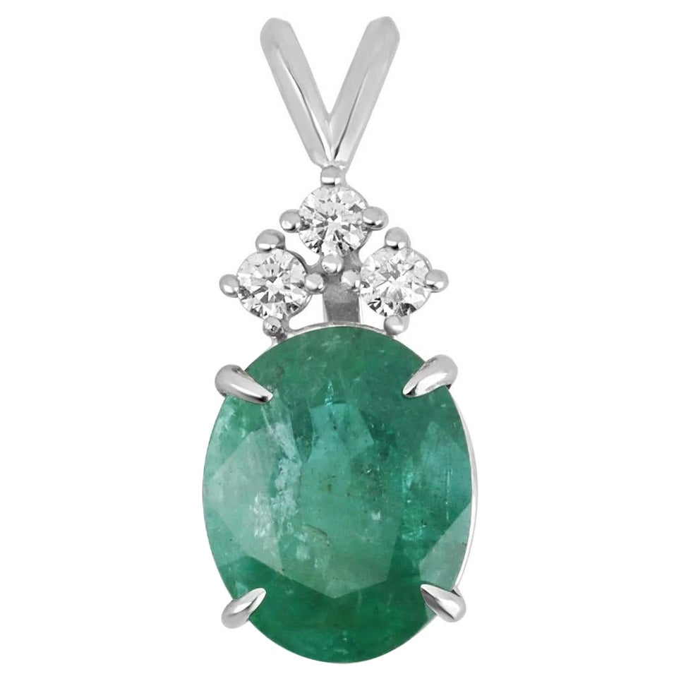 5.24tcw 14K Natural Emerald-Oval Cut & Diamond Accent White Gold 4Prong Pendant