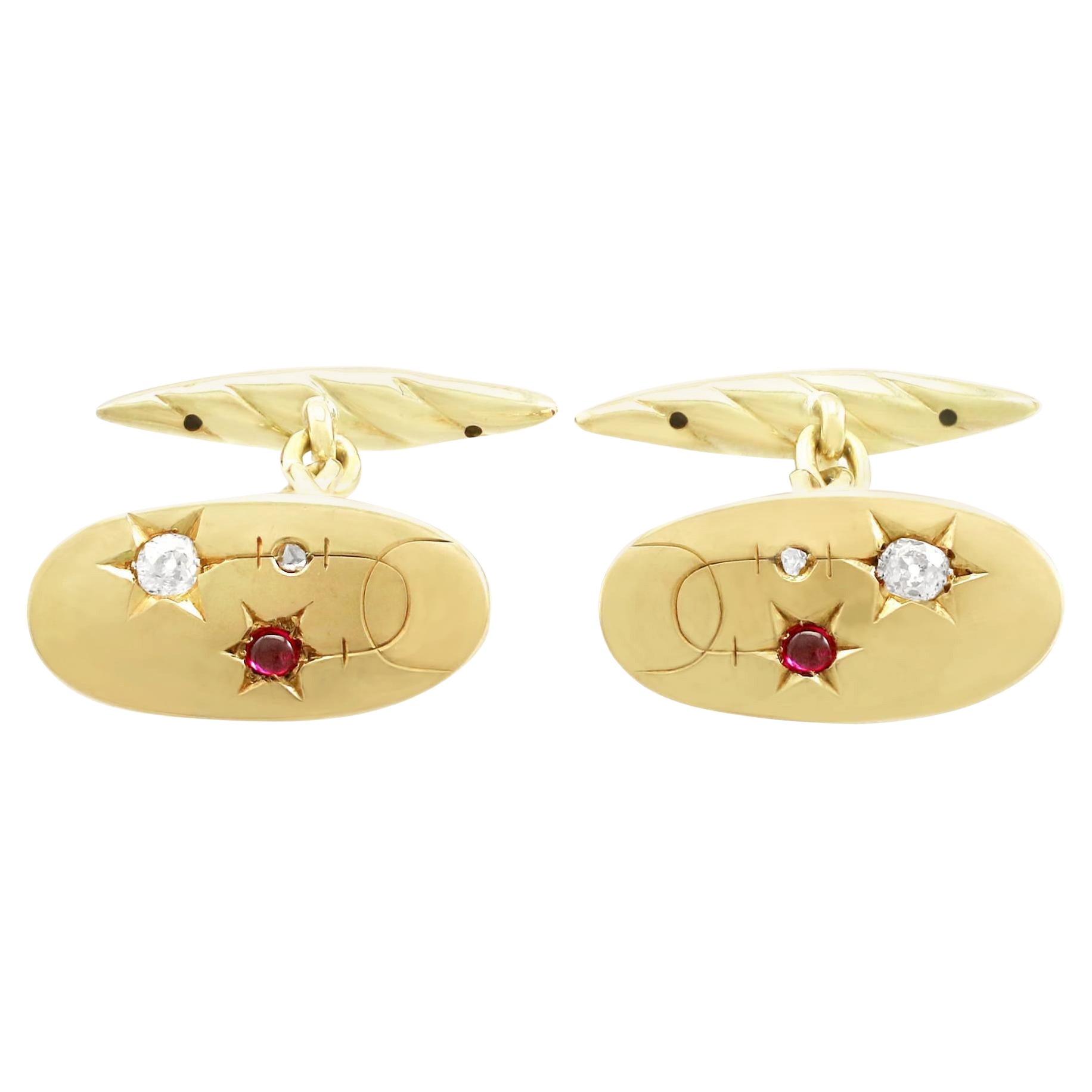 Edwardian Ruby Emerald and Diamond Yellow Gold Cufflinks