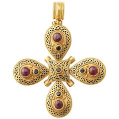 Medieval Style Enameled and Bejeweled Gold Cross Pendant
