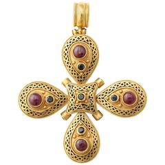  Medieval Style Enameled and Bejeweled Gold Cross Pendant