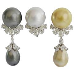 Triple South Sea Pearl Day to Night Diamond Platinum Drop Earrings