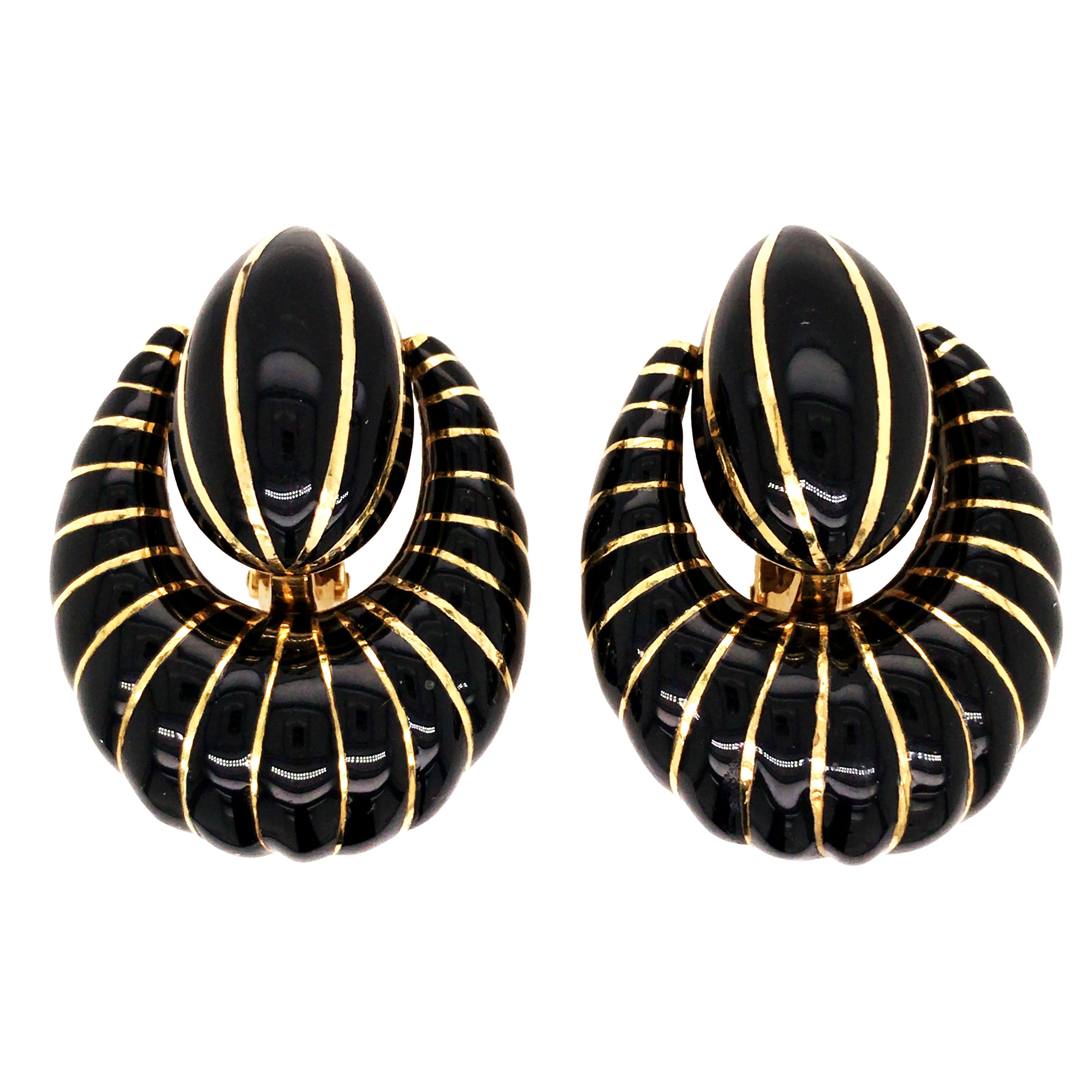 David Webb, 18K Gold Black Enamel Earrings