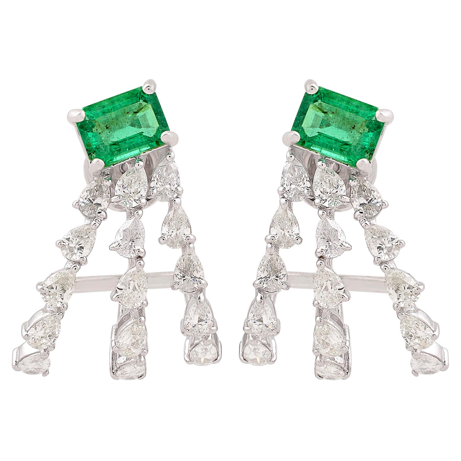 Natural Emerald Gemstone Earrings SI/HI Diamond 18 Karat White Gold Fine Jewelry