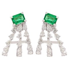 Natural Emerald Gemstone Earrings SI/HI Diamond 18 Karat White Gold Fine Jewelry