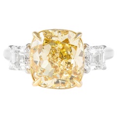 Bague à trois pierres en or bicolore 18 carats avec diamant jaune fantaisie de 5,03 carats certifié GIA