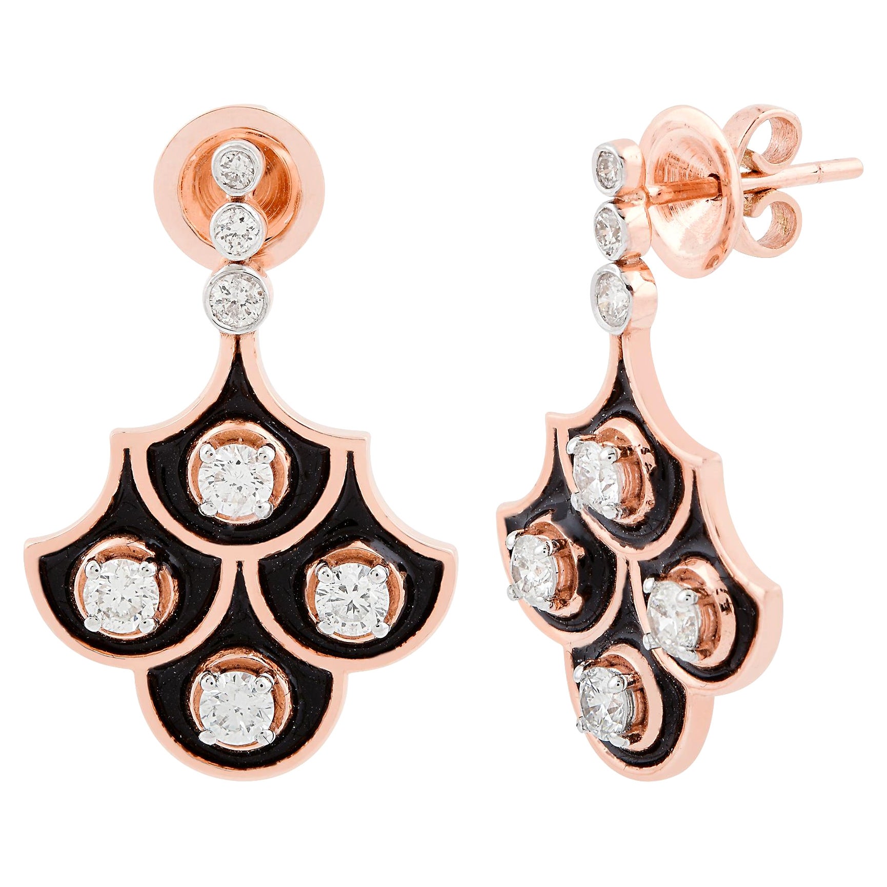 0.7 Carat SI Clarity HI Color Diamond Black Enamel Dangle Earrings 18k Rose Gold