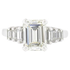 Vintage Platinum 3.07ctw GIA Emerald Cut Diamond Baguette Sides Engagement Ring