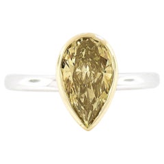 NEW Platinum GIA Fancy Yellow Pear Diamond Gold Bezel Solitaire Engagement Ring