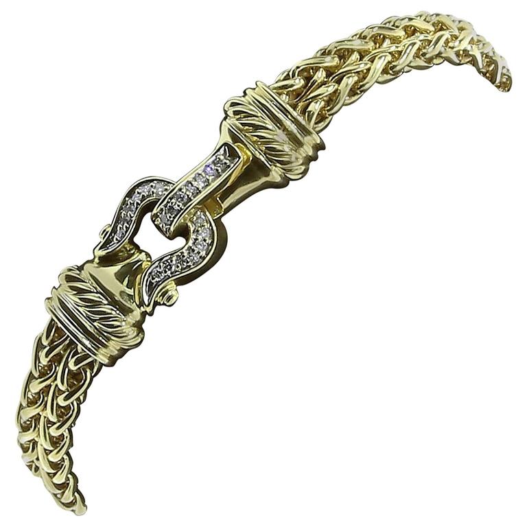 David Yurman Diamond Gold Buckle Double Wheat Bracelet at 1stDibs
