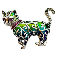 New 925 Sterling Silver Marcasite Ruby and Green Enamel Cat Brooch