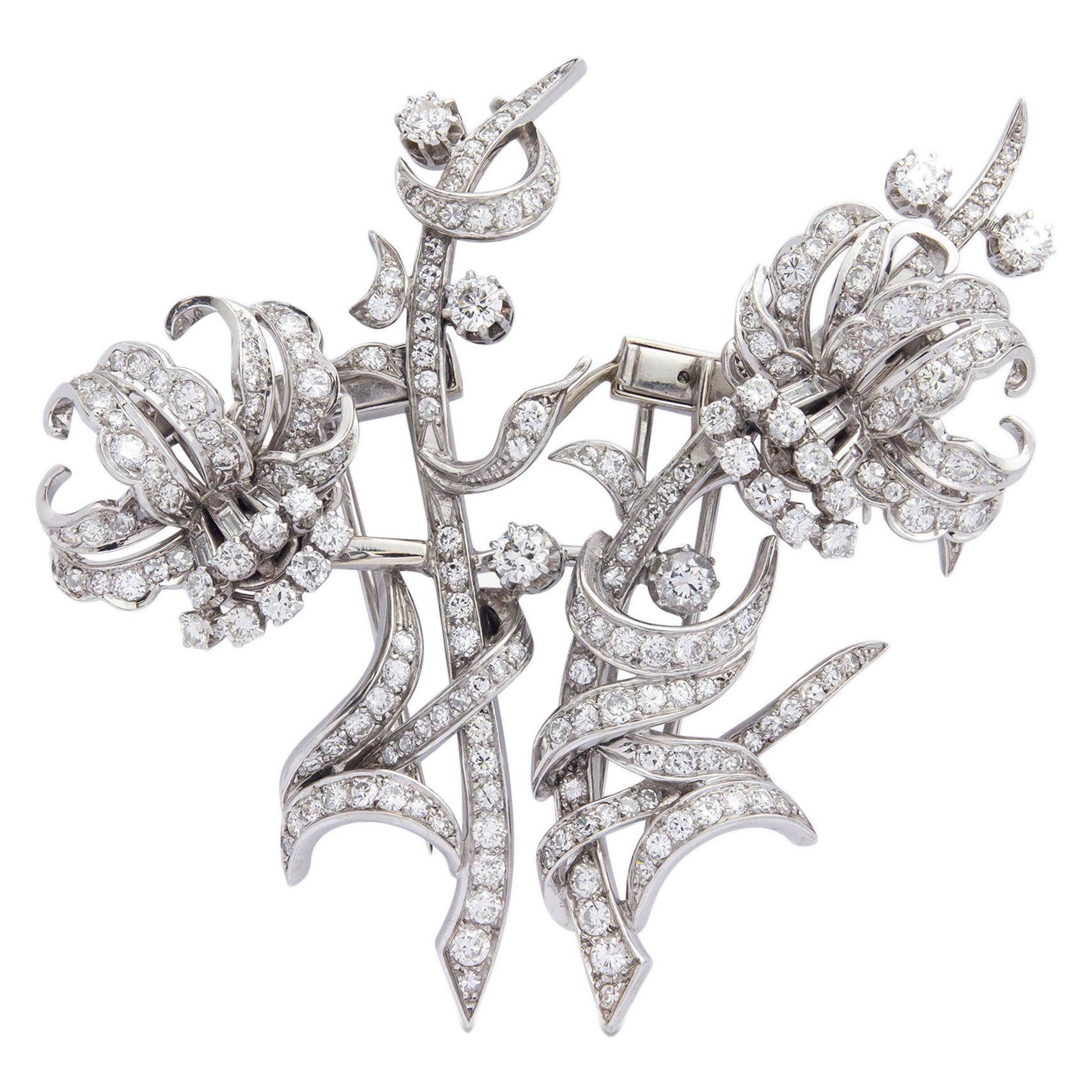 French, Convertible 'Double Clip', Diamond Floral Spray Brooch and Ear Clips For Sale