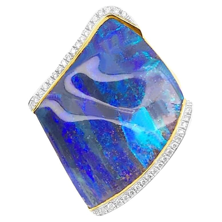Natural Untreated Australian 20.69ct Boulder Opal Ring in 18K Yellow Gold For Sale