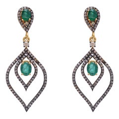 14K Leaf Design Drop Dangle Emerald Earring with 1.61 carat Diamond