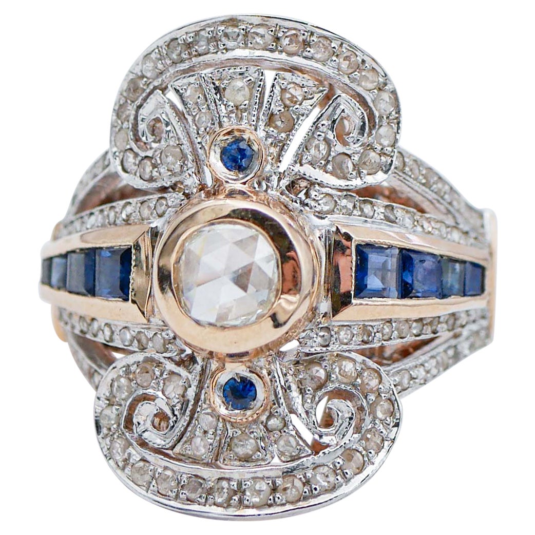 Sapphires, Diamonds, 14 Karat Rose Gold and Silver Retrò Ring For Sale