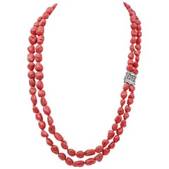 Vintage Red Coral, Diamonds, Rose Gold and Silver Multi-Strands Necklace