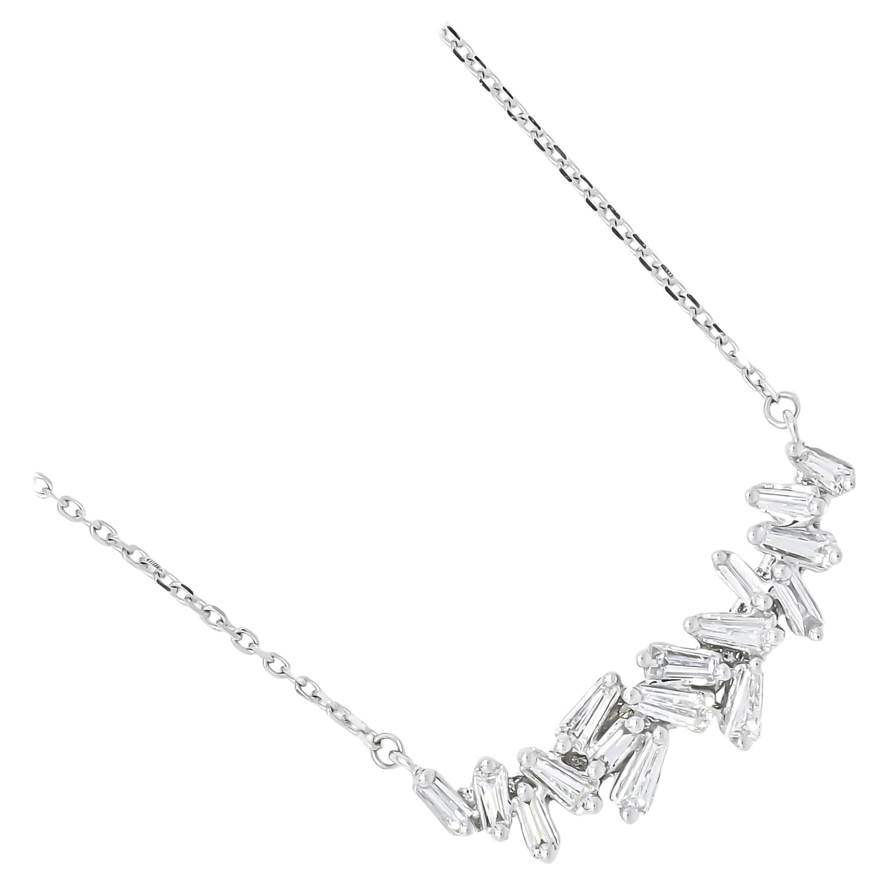 18KT White Gold Diamonds Baguette Diamond Cluster Bar Art Deco Pendant Necklace For Sale