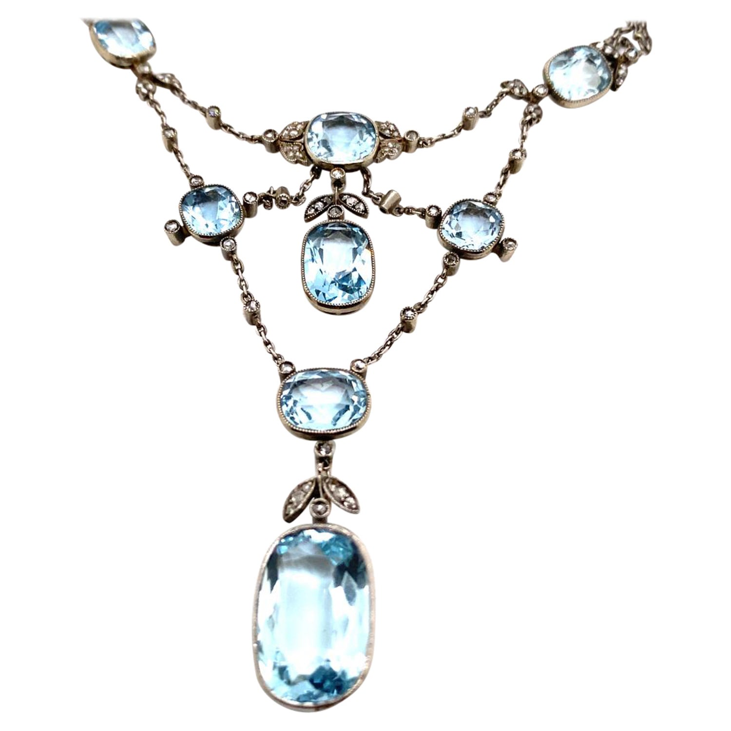 Special Platinum Necklace with Drop Aquamarine Centre and Diamonds For Sale  at 1stDibs