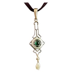 Antique Art Nouveau Emerald Paste Drop Pendant, Guilloche Enamel, Baroque Pearl 