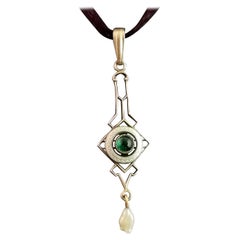 Antique Art Nouveau Emerald Paste Drop Pendant, Guilloche Enamel, Baroque Pearl