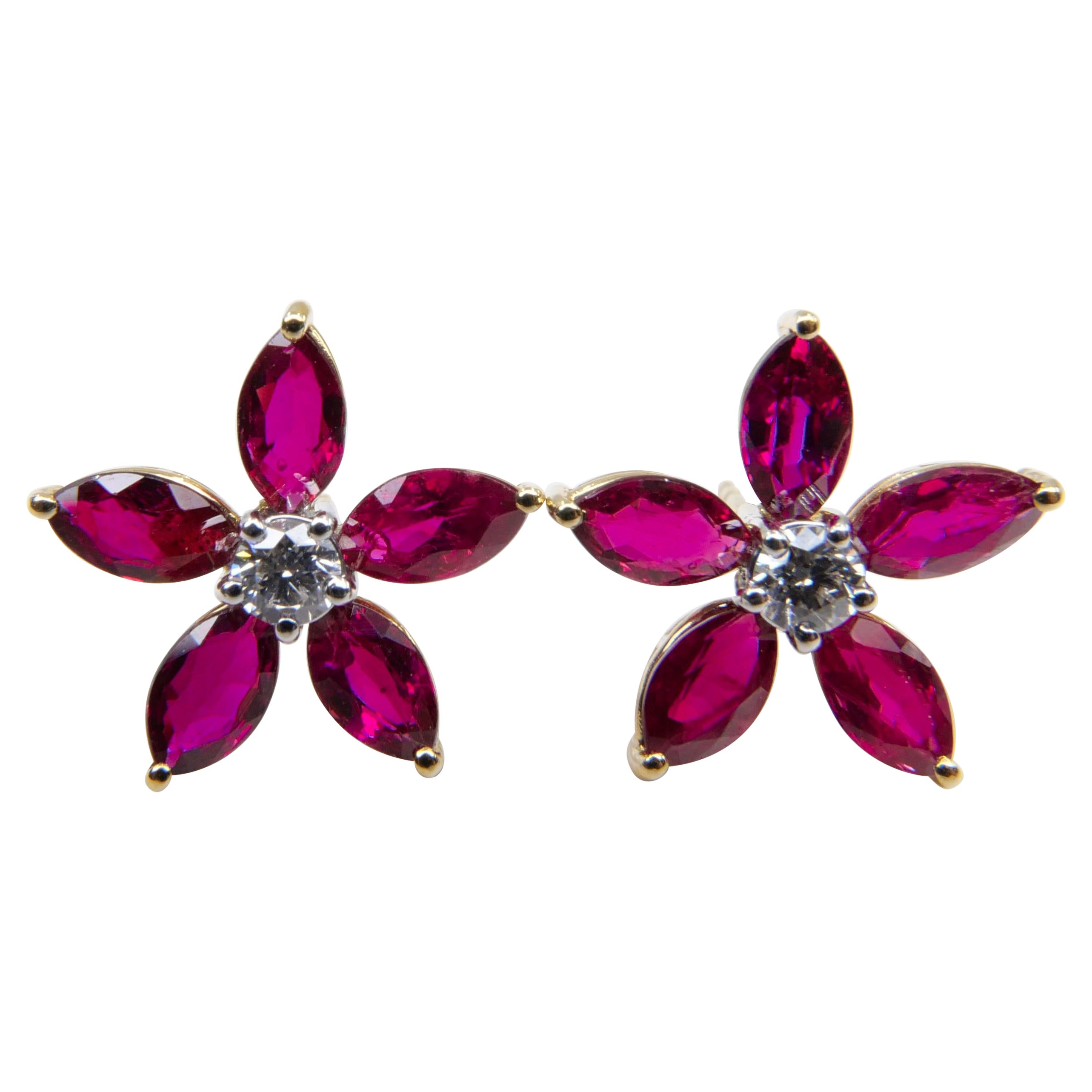 Red Ruby and Diamond Flower Stud Earrings, Simple and Elegant, 18K Yellow Gold 