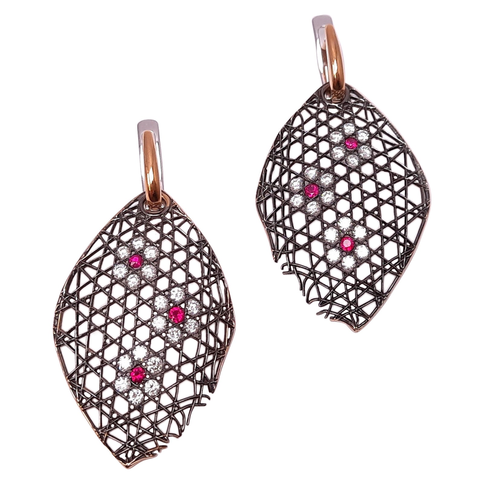 18K Gold Diamond Ruby Dangling Earrings