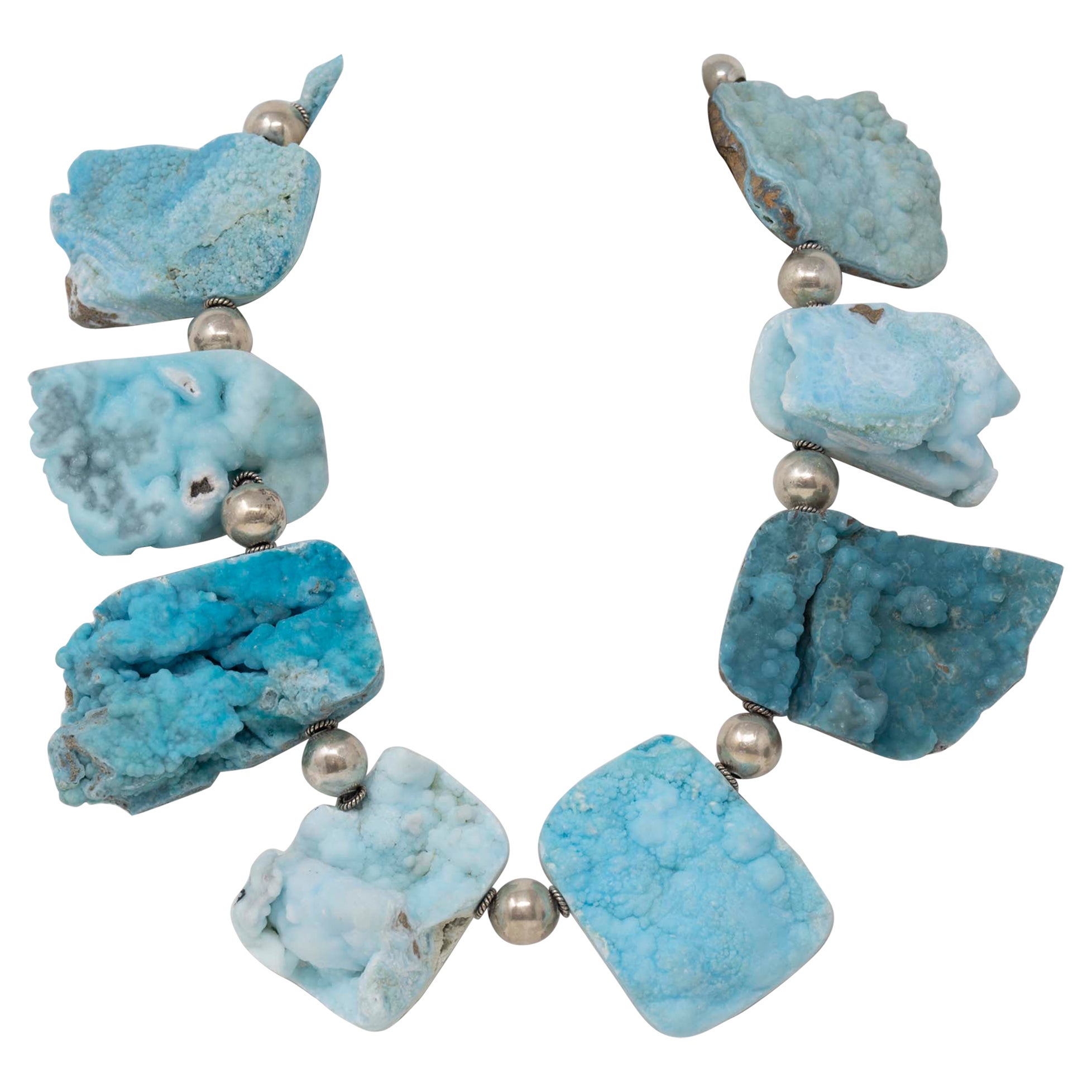 Natural Turquoise Druzy Quartz and Silver Necklace For Sale