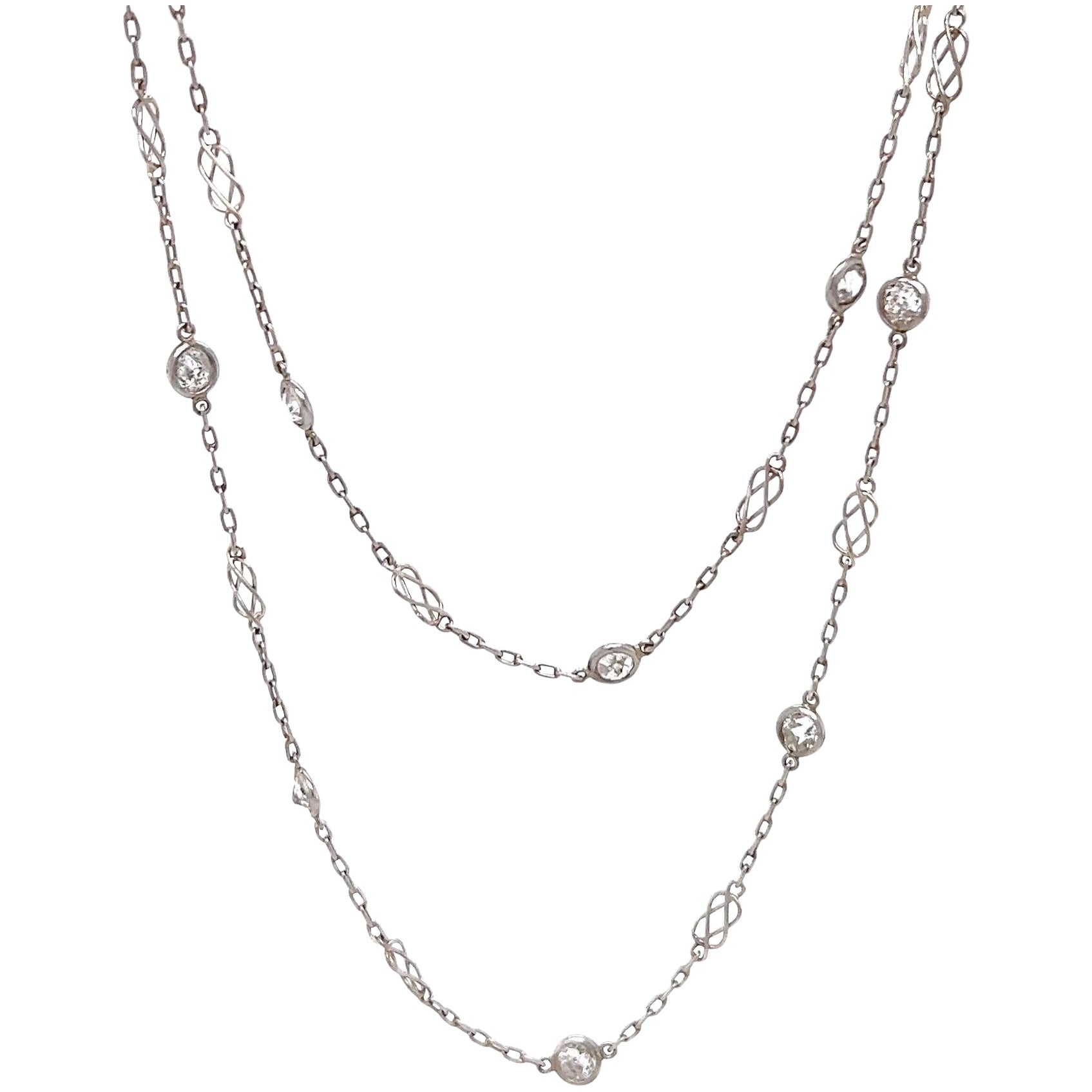 4.89 Carats Old European Cut Diamonds by the Yard Platinum Necklace For Sale