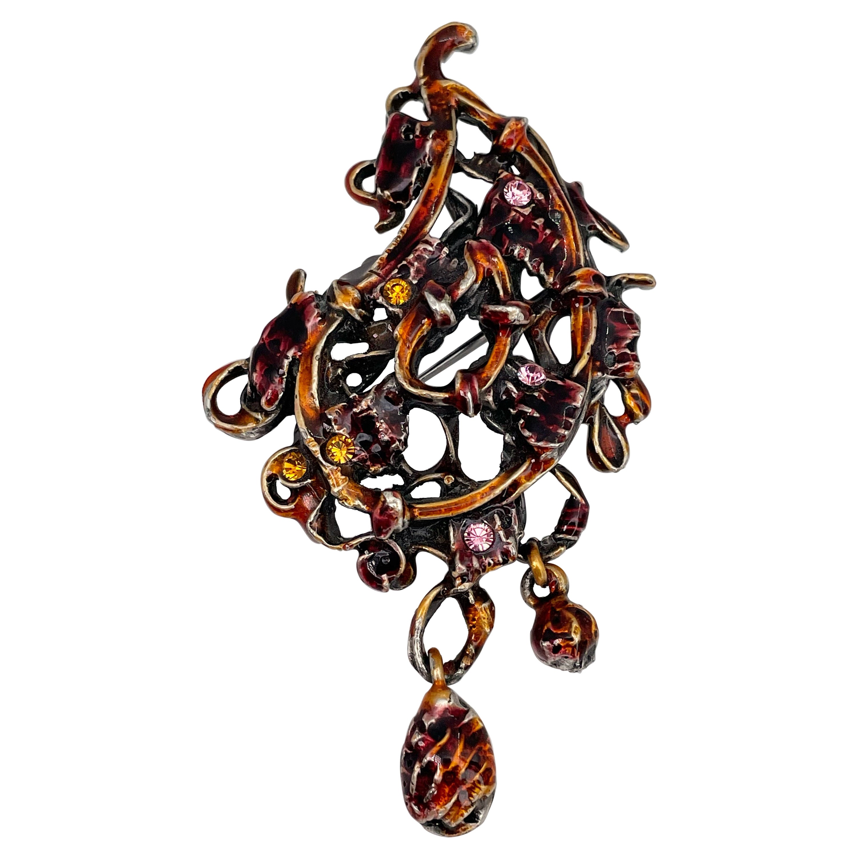 1990s Vintage Christian Lacroix Red Orange Enamel Intricate Openwork Pin Brooch For Sale