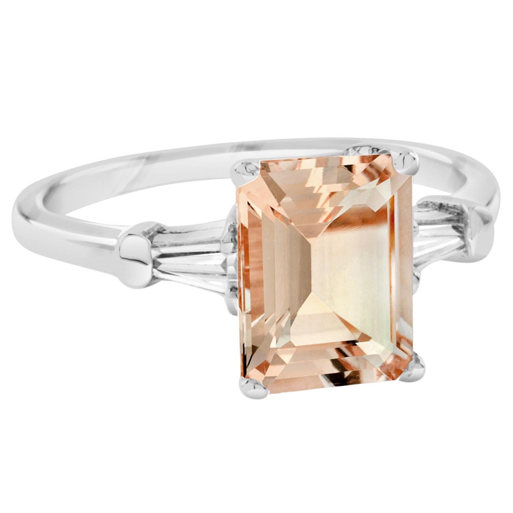 For Sale:  One Emerald Cut Morganite with Baguette Diamond Engagement White Gold Ring