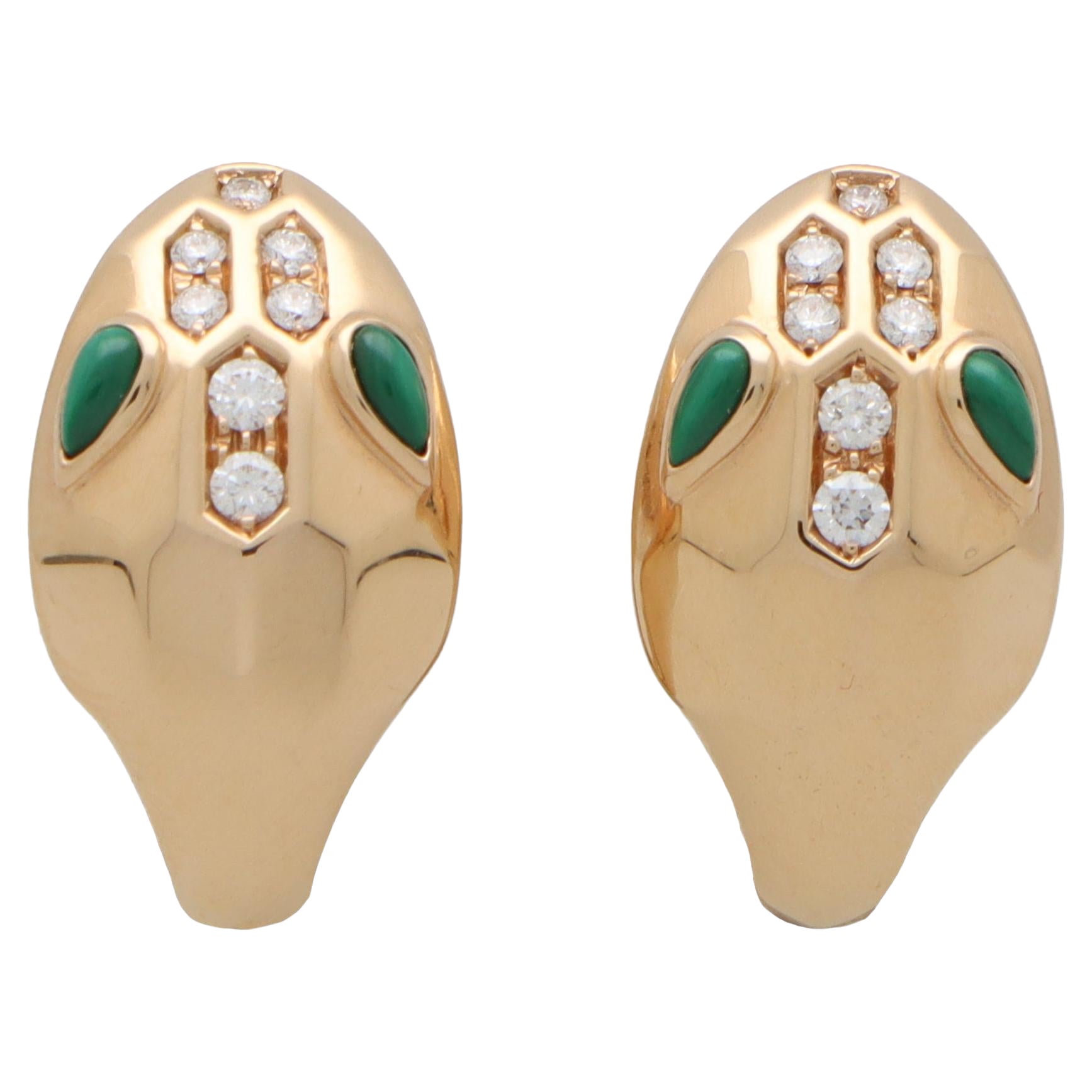 Vintage Bvlgari Serpenti Diamond and Malachite Snake Earrings in 18k Rose Gold