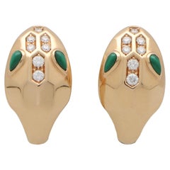 Vintage Bvlgari Serpenti Diamond and Malachite Snake Earrings in 18k Rose Gold