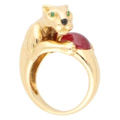 Vintage Panthère De Cartier Ruby and Emerald Panther Ring Set in 18k Yellow Gold