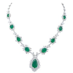 Emeralds, Diamonds, 14 Karat White Gold Necklace
